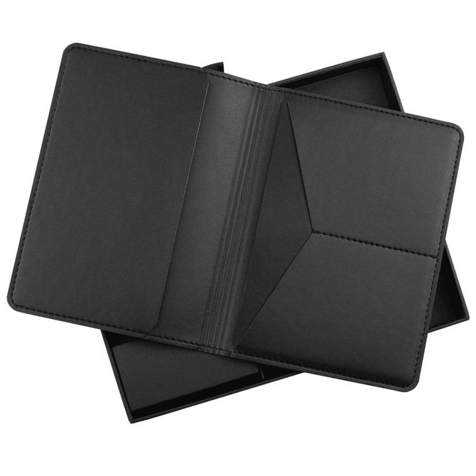 A black leather travel gift set featuring a sleek, unfolded case with card slots and a compartment.