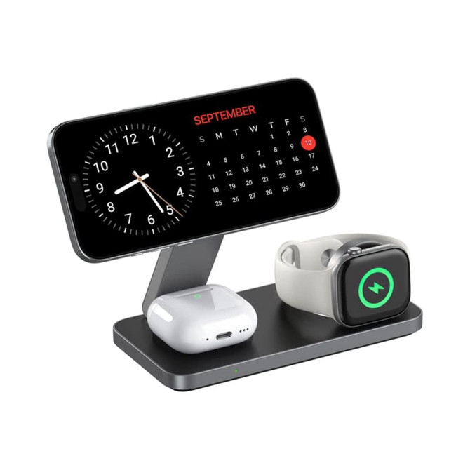 A magnetic wireless charging station in black, featuring slots for a phone, AirPods, and an Apple Watch.