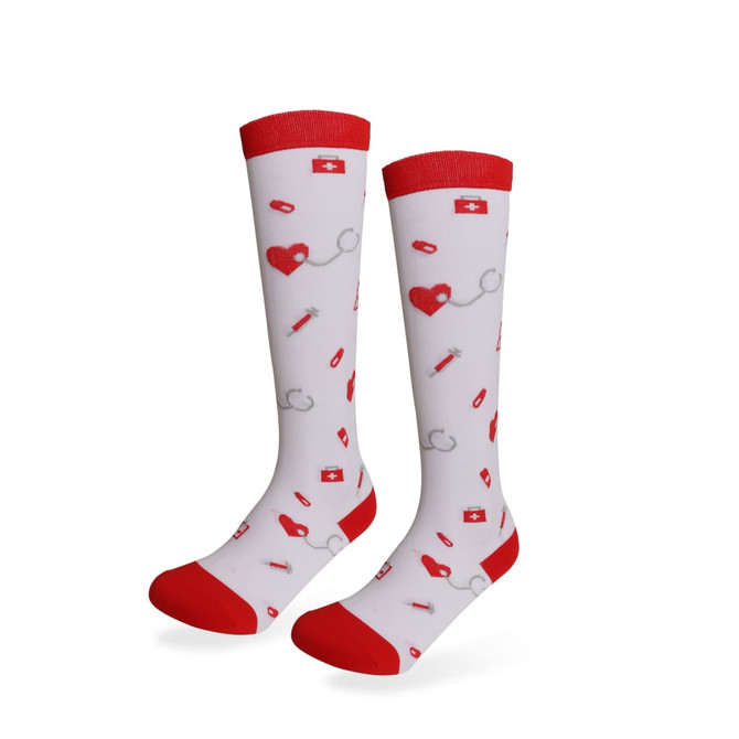 Red and white compression socks featuring a pattern of hearts, pills, and medical symbols, with a logo.