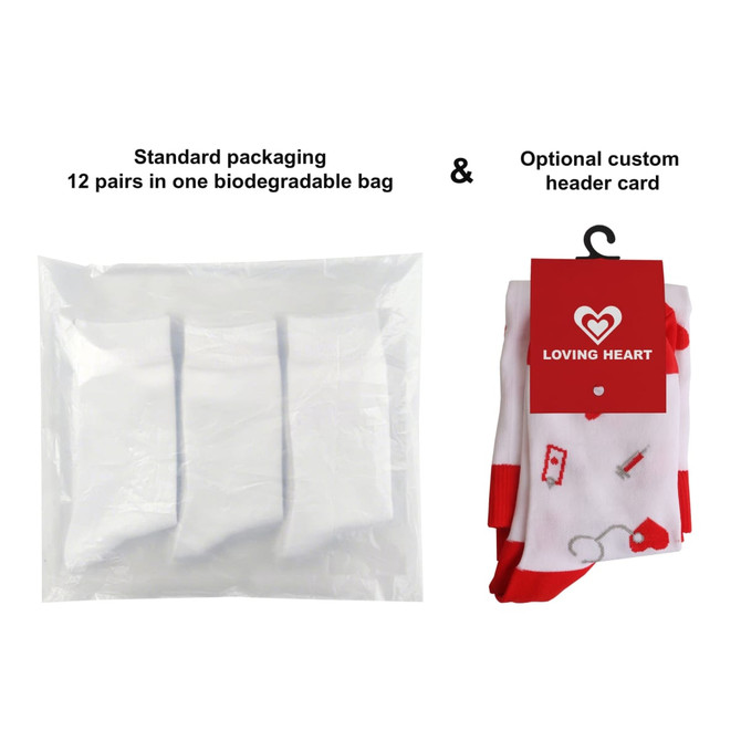 A pack of compression socks in a biodegradable bag, featuring white socks with red accents. Includes a custom header card.