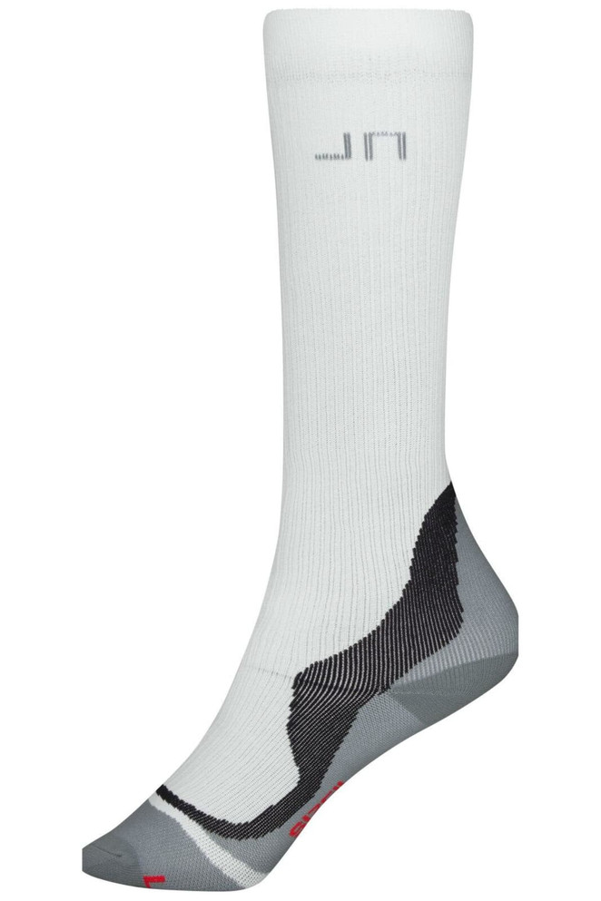 A pair of white compression socks with grey accents and a logo. The design features a textured pattern on the foot area.