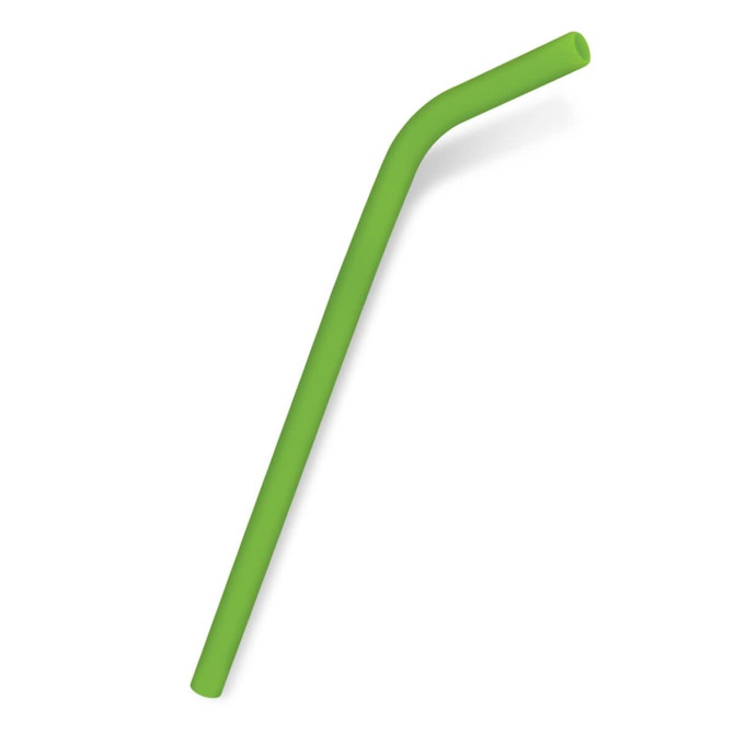 A green silicone straw angled at one end, designed for use with various drinkware.