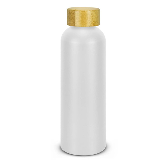 A drink bottle in white with a wooden lid, featuring a logo on the side.