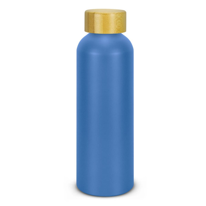 A drink bottle in a blue finish with a wooden cap, featuring a simple design and a logo.
