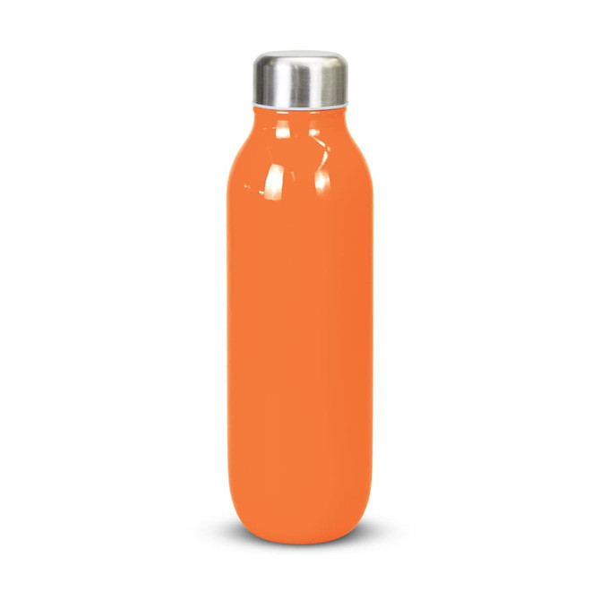An orange vacuum bottle with a stainless steel cap and a sleek, smooth design.