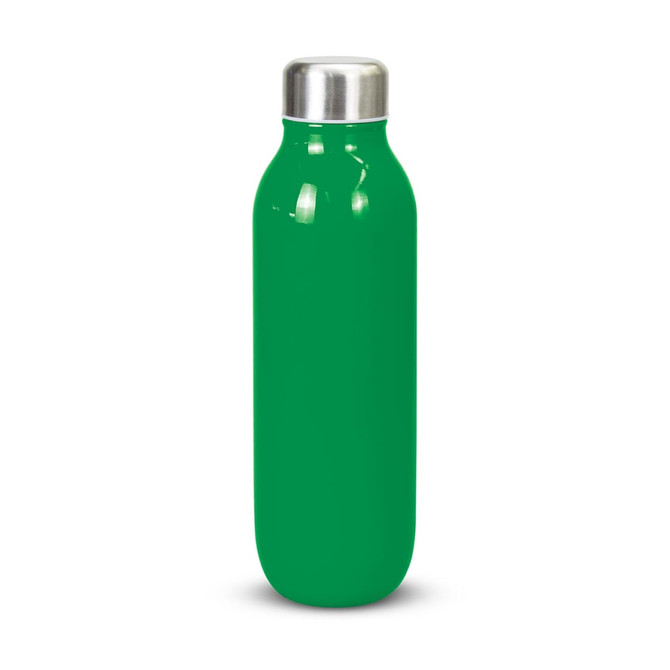 A drink bottle in a vibrant green colour with a sleek design and a stainless steel cap. It features a logo.