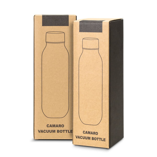 A drink bottle in a simple, tall design, presented in a brown cardboard box with a logo.
