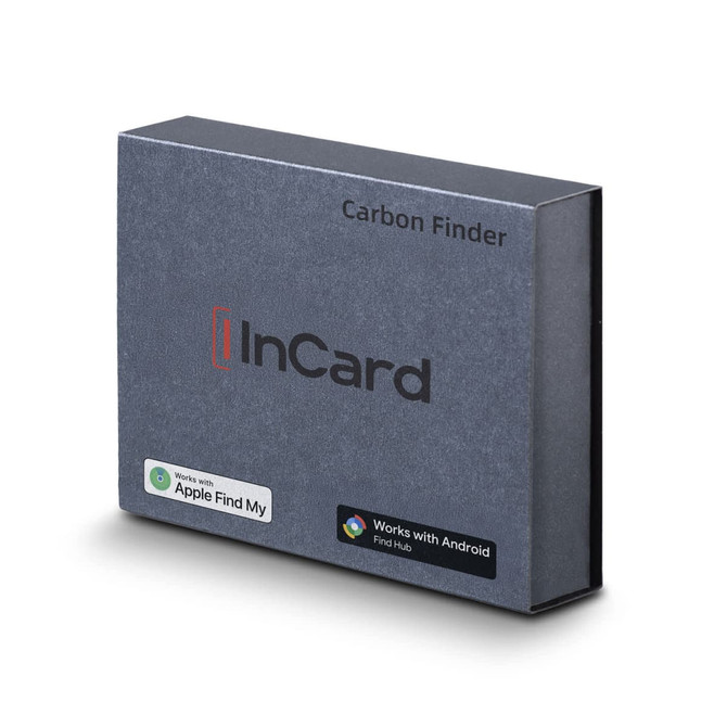 A grey box containing the "Carbon Bluetooth Tracker" product, with a logo and compatibility labels for Apple and Android.