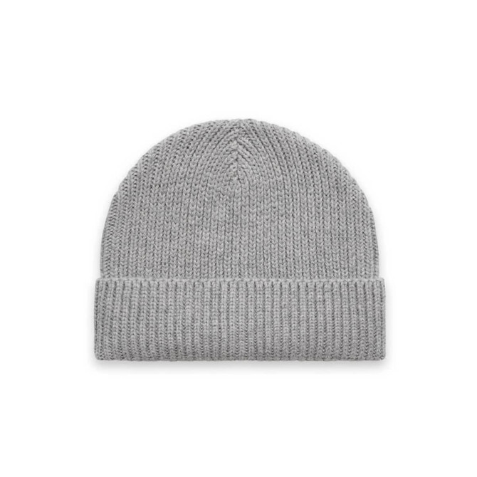 A grey beanie with a ribbed design and fold-over cuff, featuring a logo.