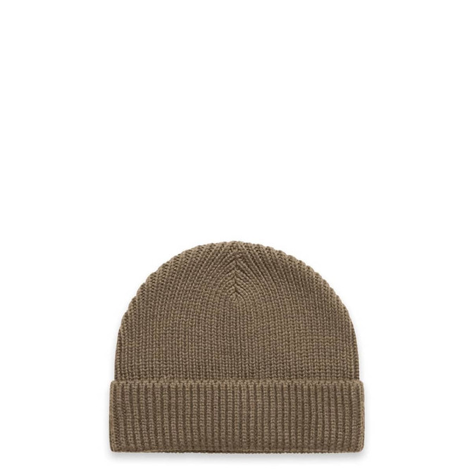 A brown knitted beanie with a folded brim, featuring a logo on the side.