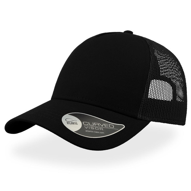 A black trucker cap with a curved visor and mesh panels, featuring a logo on the side.