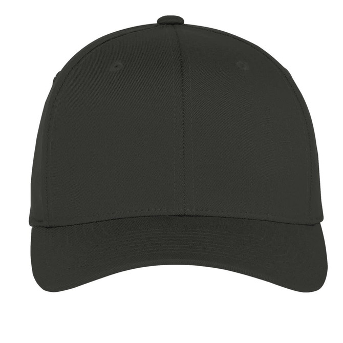 A black Port Authority Flexfit cap featuring a structured design and a logo on the front.