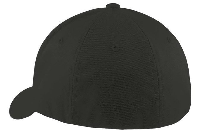 A black Port Authority Flexfit cap with a rounded crown and curved brim, featuring a logo on the side.