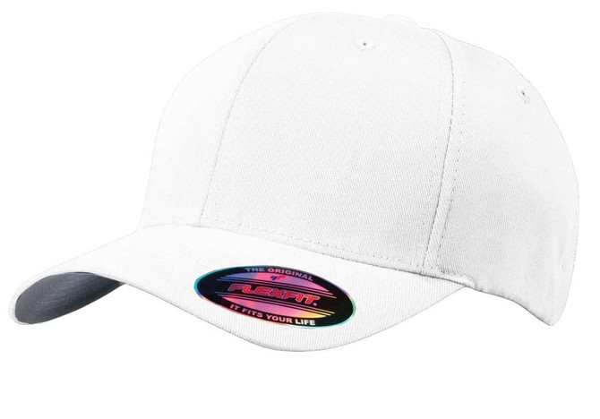 A white Port Authority Flexfit cap with a curved visor and a logo on the side. Ideal for promotional use.