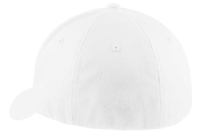 A white Port Authority Flexfit cap featuring a curved brim and a stitched panel design, with a logo on the side.