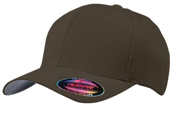 A brown Flexfit cap featuring a curved peak and a logo on the front.
