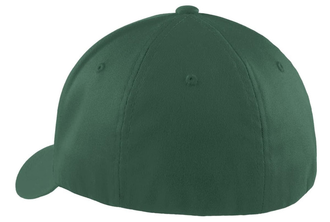 A green Port Authority Flexfit cap with a rounded crown and a curved brim, featuring a logo on the side.
