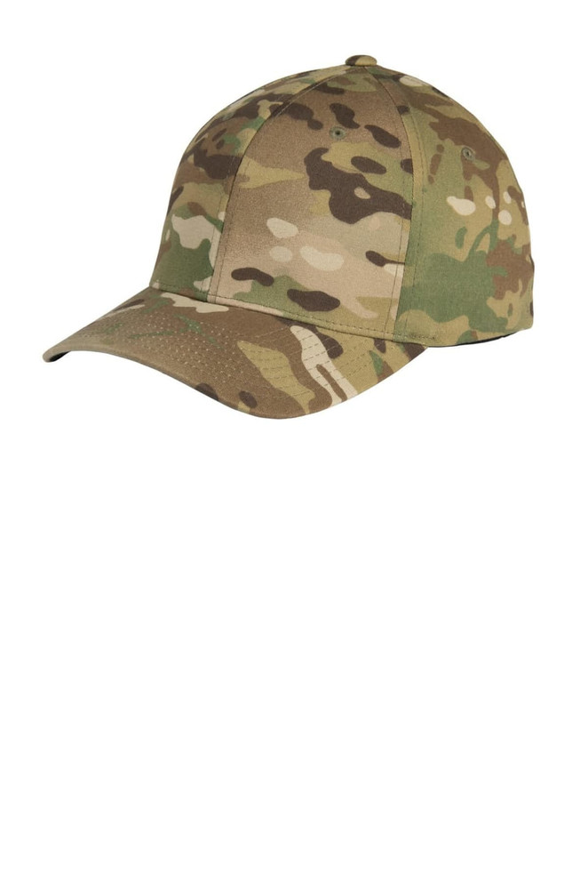 A camouflage Flexfit cap with a curved brim and a fitted design, featuring an understated logo.