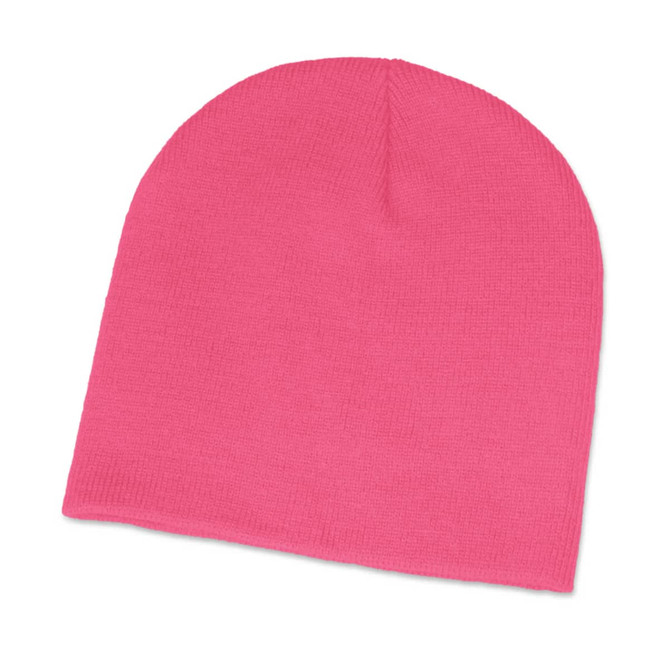 A pink beanie hat is displayed on a white background.