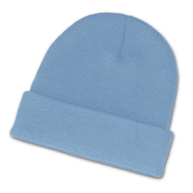A light blue beanie with a folded cuff, featuring a textured knit design.