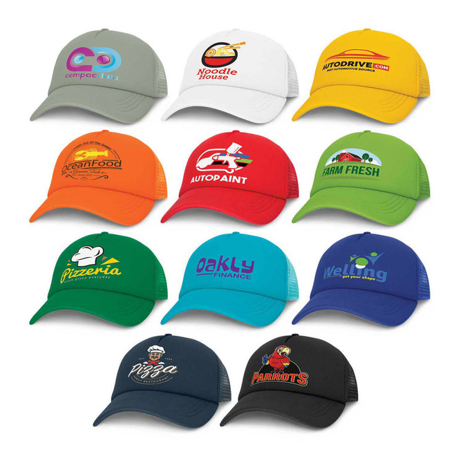 A collection of trucker caps in various colours, featuring different logos and designs on the front panels.