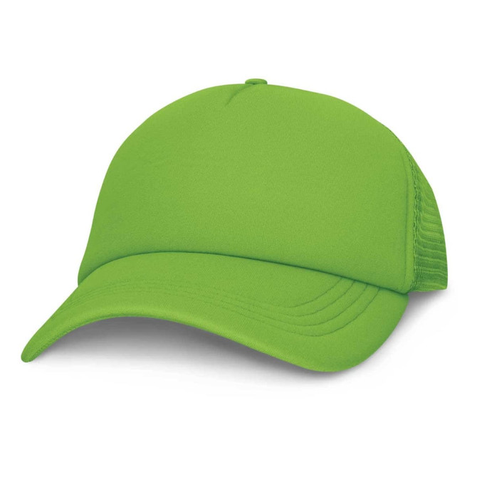 A bright green trucker cap featuring a solid front panel and mesh back.