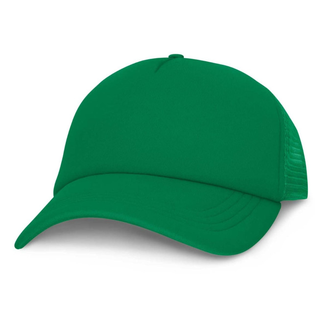 A green mesh trucker cap featuring a structured front and breathable back panel.