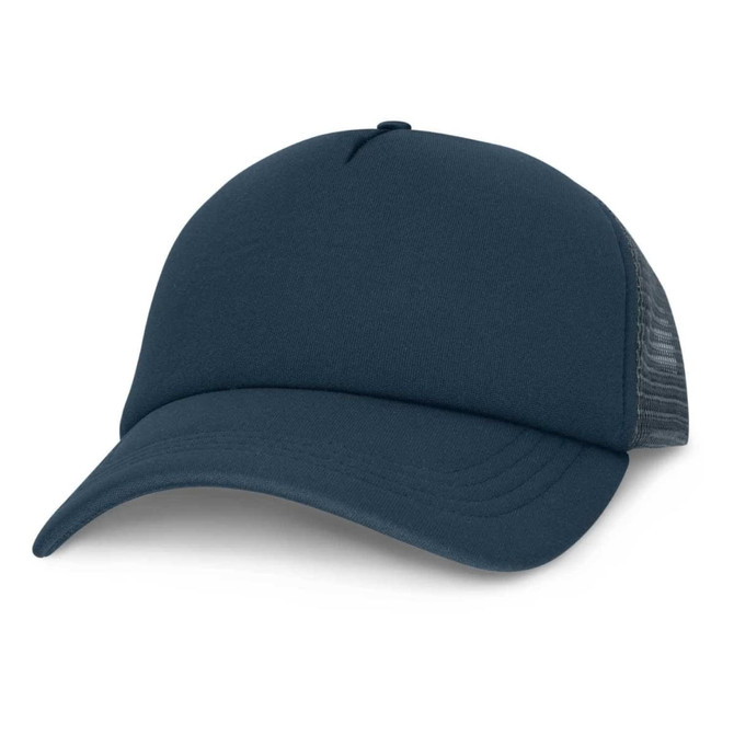 A trucker cap in a deep navy color with a solid front panel and mesh back.