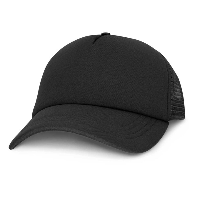 A black trucker cap with a solid front and mesh back, featuring a branded logo.