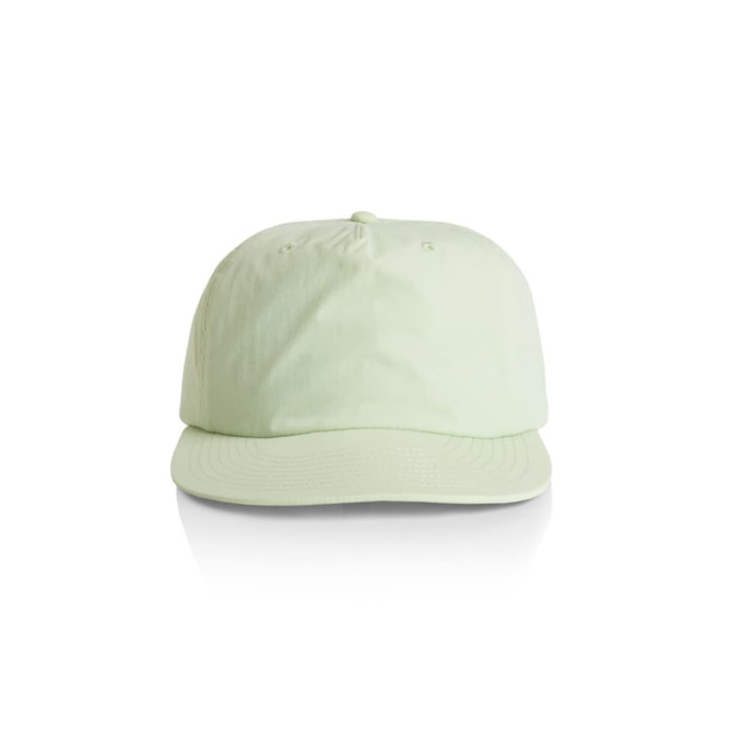 A light green cap with a rounded crown and a stiff brim, featuring a logo on the front.