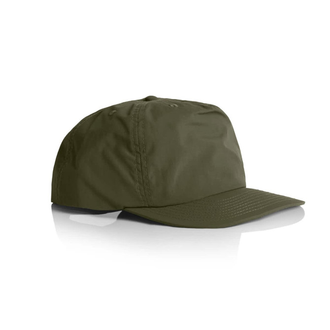 An olive green cap with a curved brim and a logo, featuring a lightweight, durable design.