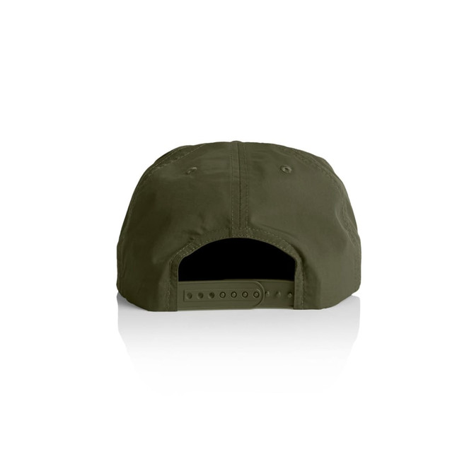 A green cap featuring an adjustable strap at the back and a subtle logo.