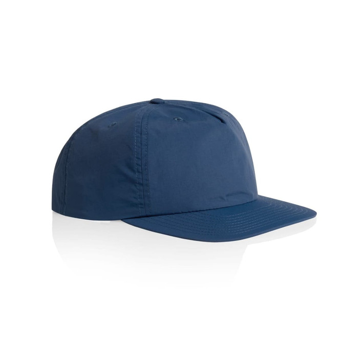 A navy blue cap with a flat brim and a logo on the front. Lightweight fabric design.