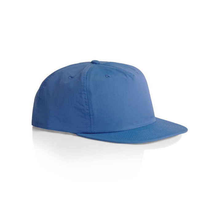 A blue cap with a flat brim, featuring a logo on the front.