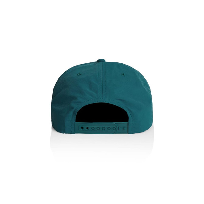 A teal cap with a back closure and a logo, featuring a smooth texture and curved brim.