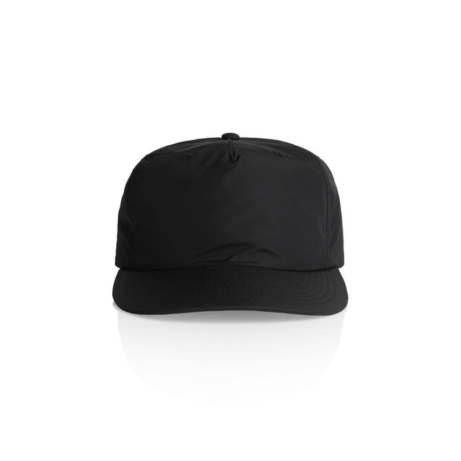A black cap with a structured front and a curved brim, featuring a logo on the front.