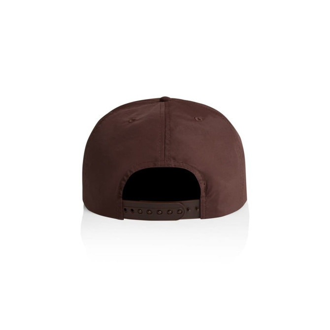 A brown cap, featuring a rear opening and an adjustable strap. It has a logo on the back.