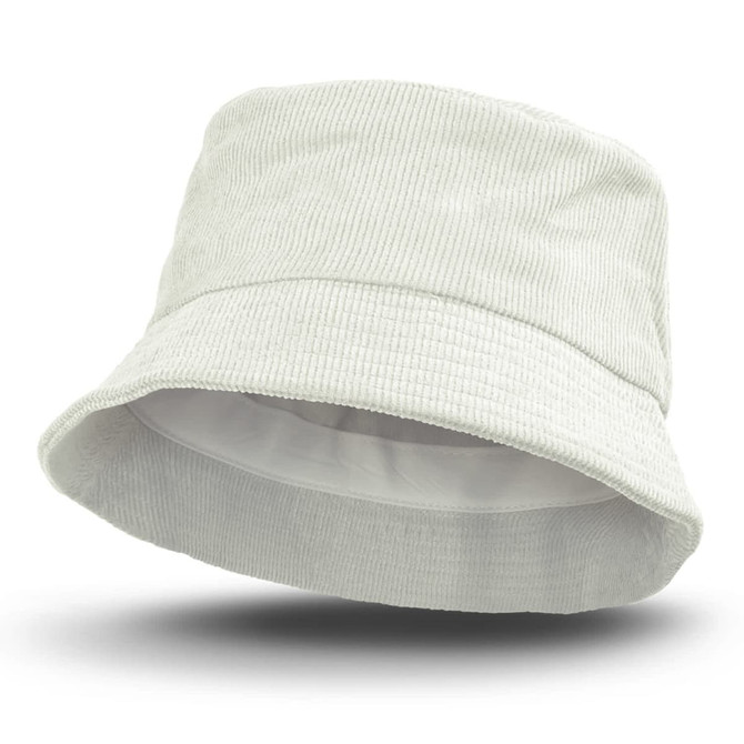 A light grey corduroy bucket hat featuring a logo, with a soft, textured fabric and a wide brim.