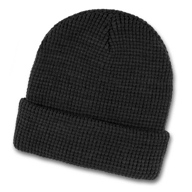 A black knitted beanie with a folded brim, featuring a logo on the side.