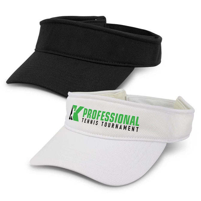 A black and a white sports mesh visor featuring a logo on the front.