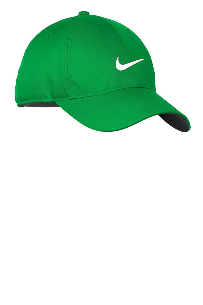 A green cap featuring a white logo, designed with a breathable Dri-FIT fabric.
