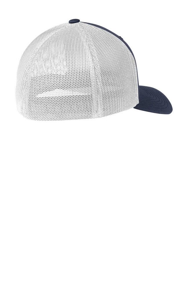 A navy cap with a mesh back and a curved brim, featuring a logo on the side.