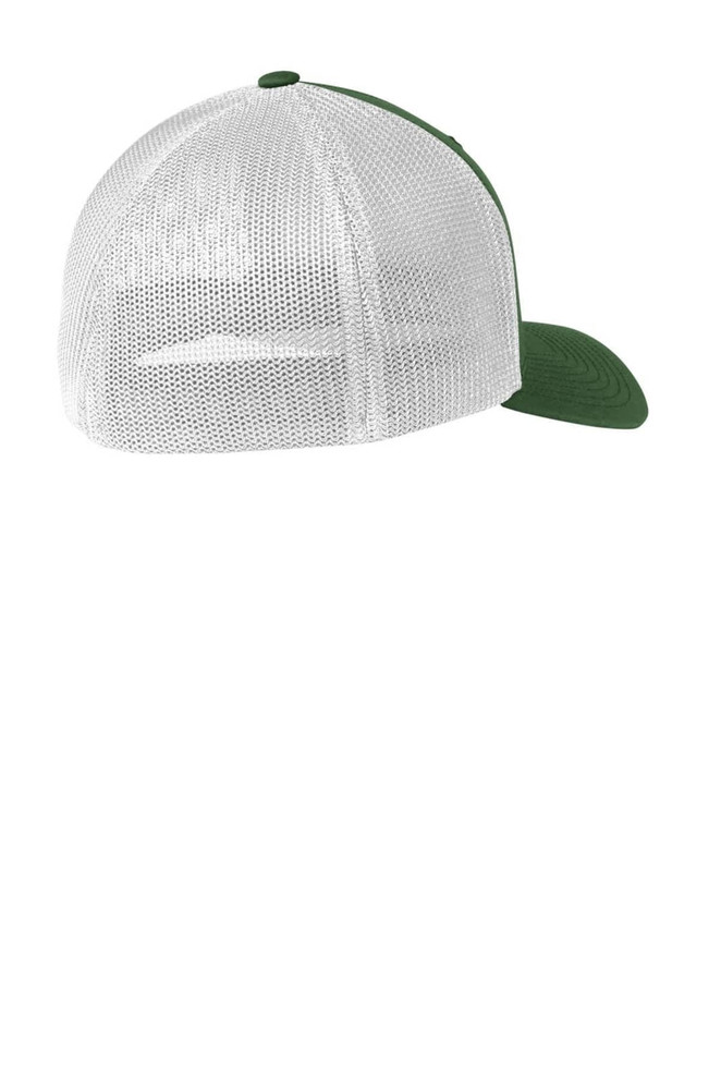 A green cap with a white mesh back, featuring a structured design and a logo on the front.
