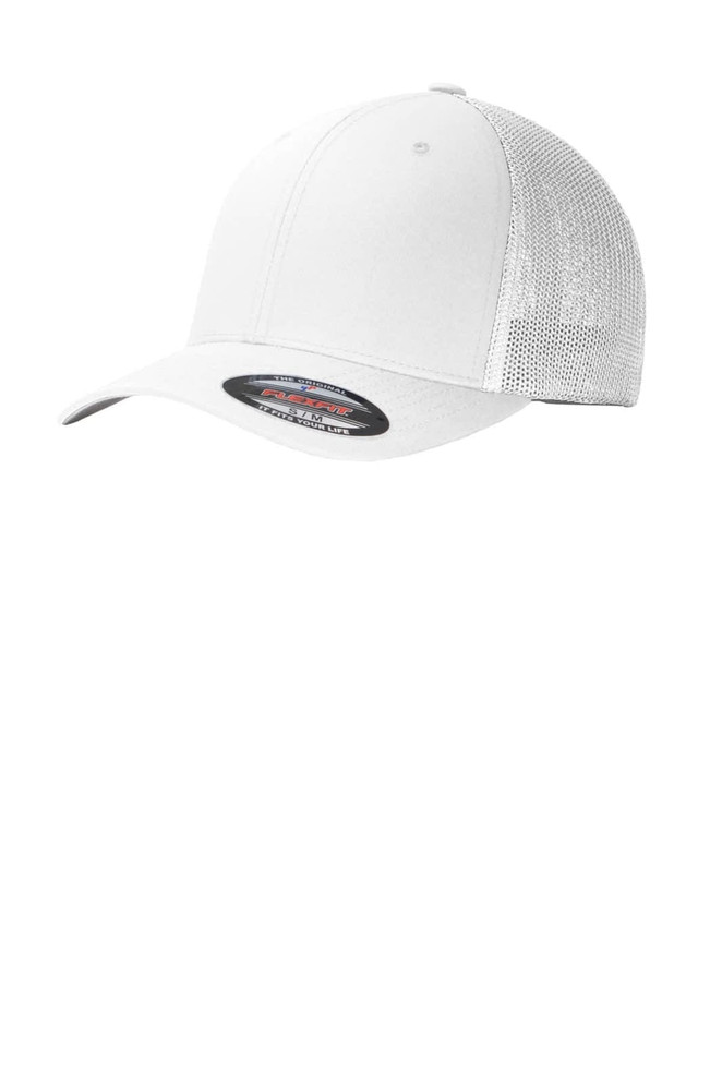 A white Flexfit mesh back cap featuring a structured design and a logo on the front.