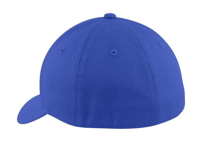 A blue Port Authority Flexfit Cotton Twill Cap with a rounded crown and a stiff brim, featuring a logo.