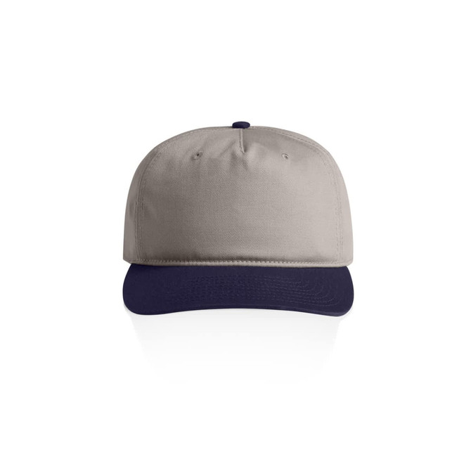 A two-tone cap featuring a beige crown and a navy brim, with a logo on the front.
