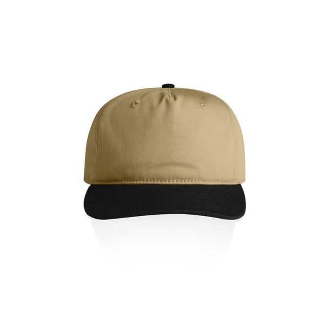 A two-tone cap featuring a khaki crown and a black brim, with a logo on the front.