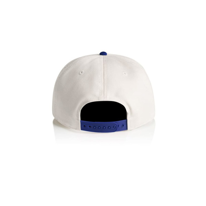 A two-tone cap featuring a white front and a blue back with an adjustable strap and a logo.