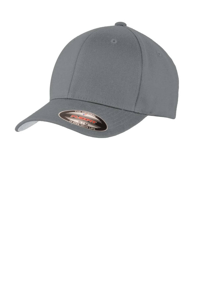A grey cap with a structured design and a curved brim, featuring a logo on the front.
