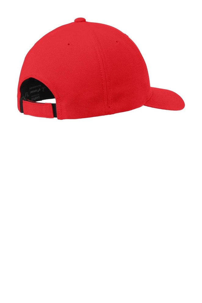 A red cap with a curved brim and an adjustable back strap. Features a logo on the interior.